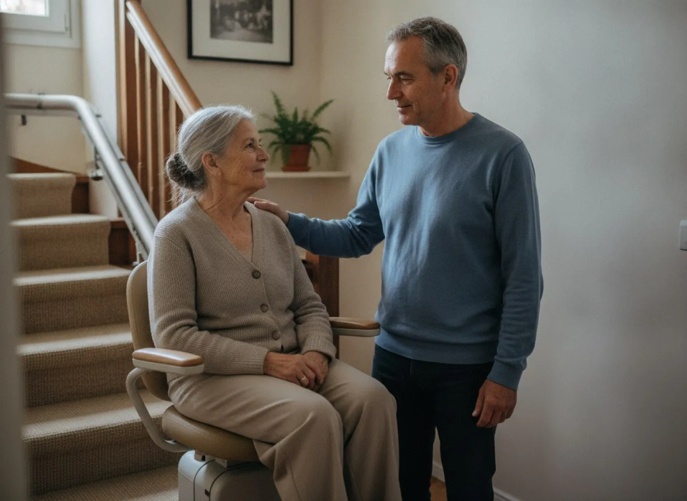 Une femme d'environ 75 ans installée sur un monte-escalier au milieu d'un escalier, son fils adulte à ses côtés avec la main posée sur son épaule, dans un intérieur chaleureux et lumineux