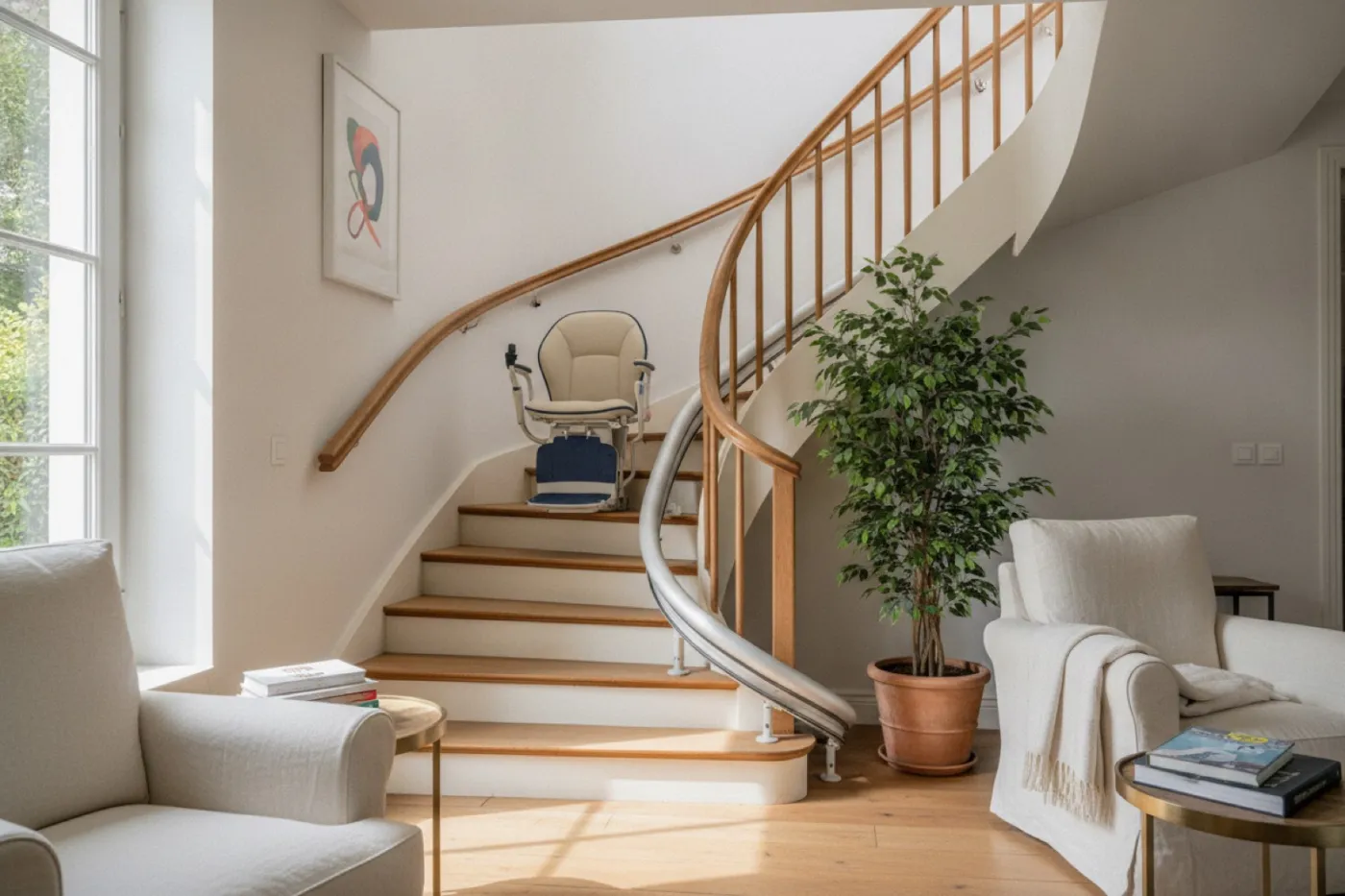 Un monte-escalier installé avec soin sur un escalier courbe en bois, dans un intérieur clair et élégant, rail discret le long de la rampe